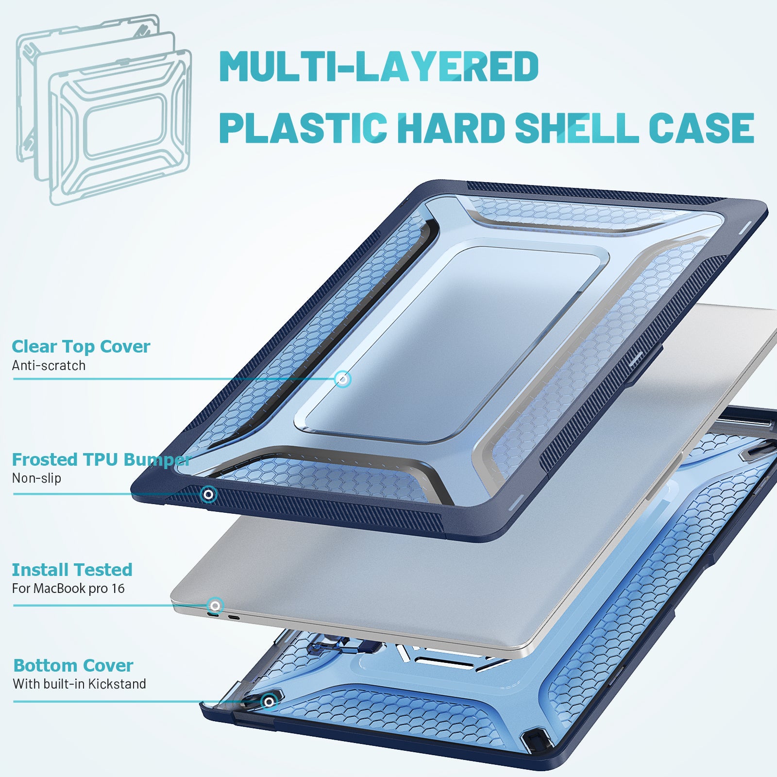 For MacBook Pro 16 inch (2019) A2141 Laptop Cover Dual Layer Hard PC Soft TPU Shell Case with Kickstand - Sapphire For MacBook Pro 16 inch (2019) A2141 Laptop Cover Dual Layer Hard PC Soft TPU Shell Case with Kickstand - Sapphire